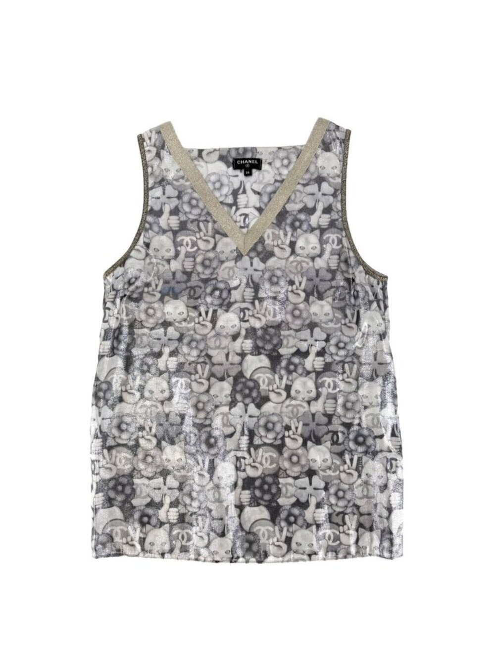 Chanel Tank Top Cat Hand Sign Sleeveless 34 Silver Gold Silk